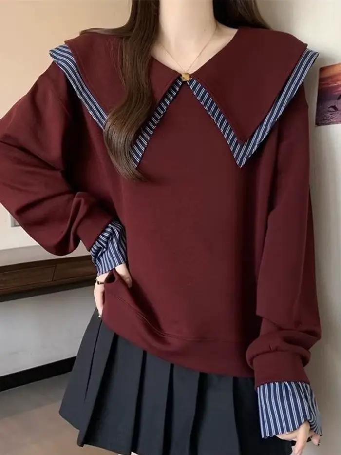 Sweat-shirt à col marin japonais pour femmes style préppy patchwork printemps automne ample manches longues deux hauts kawaii vintage