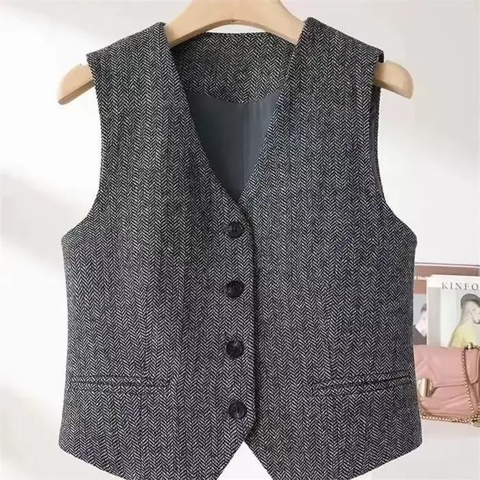 Nouveau gilet rétro style britannique 2026 à col en V et motif chevrons pour femme