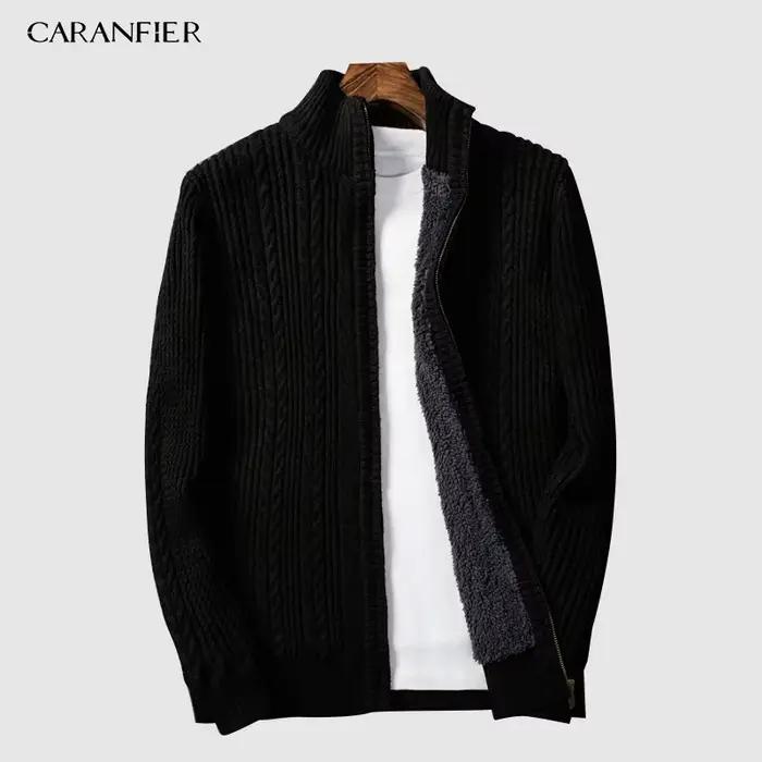 CARANFIER velours fermeture éclair marque chandails hommes tricoté Cardigan coupe ajustée vêtements solide côtelé bas pull tricots manteaux 3XL
