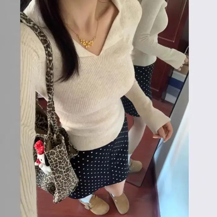 Pull intérieur à manches longues et col Polo français pour femmes