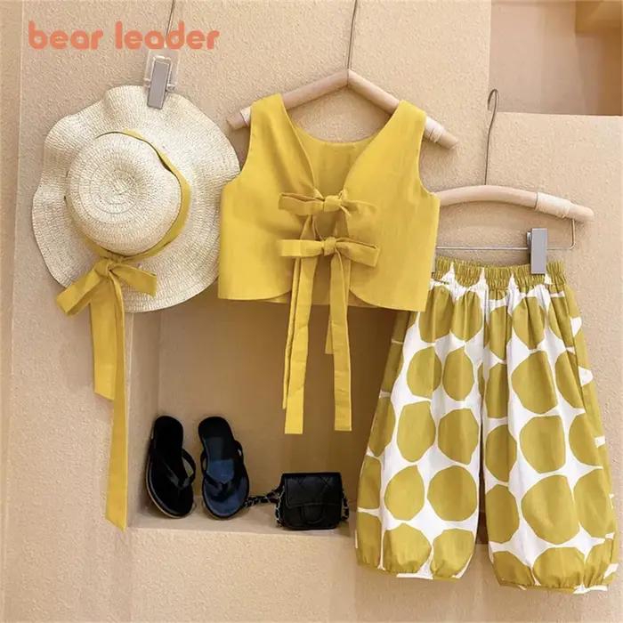 Bear Leader 2025 mode coréenne pastorale dos nu costume mince pull fille gilet haut à pois Knickerbockers trois pièces coton