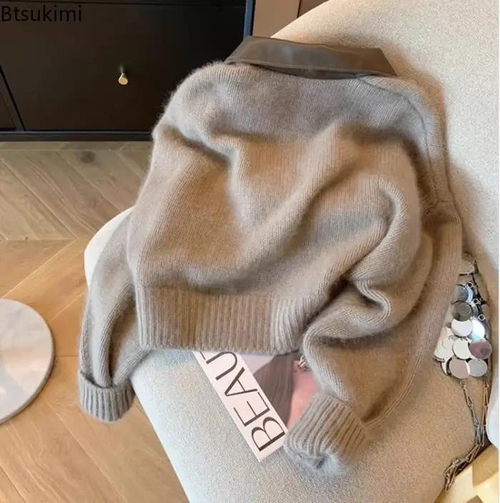 Femmes col en cuir Patchwork Double fermeture éclair tricot Cardigan doux confortable tricoté pull manteaux revers