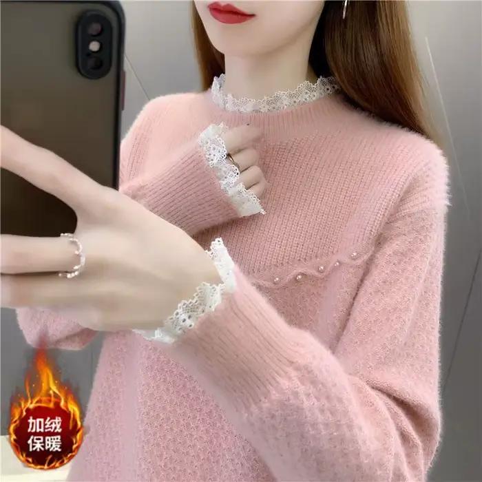 Pull en patchwork de dentelle à manches longues pour femmes
