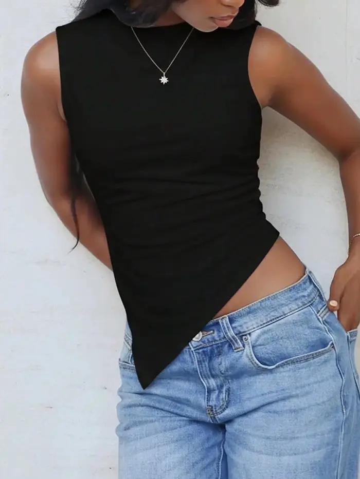 Gilet décontracté sans manches plissé à ourlet asymétrique de couleur unie pour femme 1 pièce