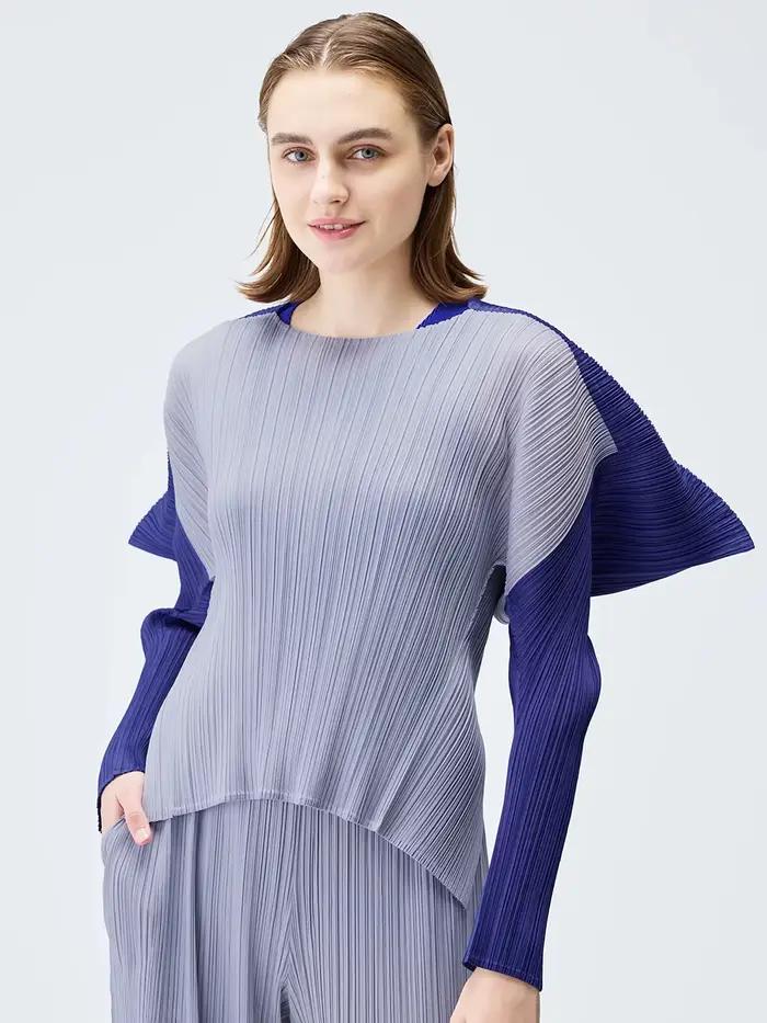 Fold Miyake plissé col rond manches longues femmes formes carrées combinaisons de couleurs haut ample