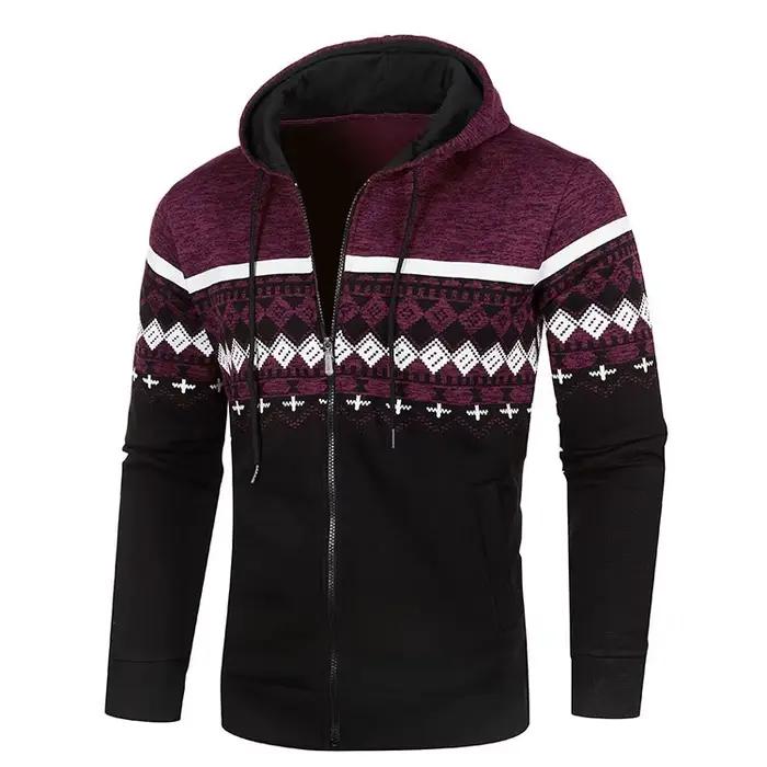 Veste à capuche pour hommes, nouveau Cardigan décontracté, ample, fin, pull en peluche, Style ethnique imprimé, veste Slim tricotée