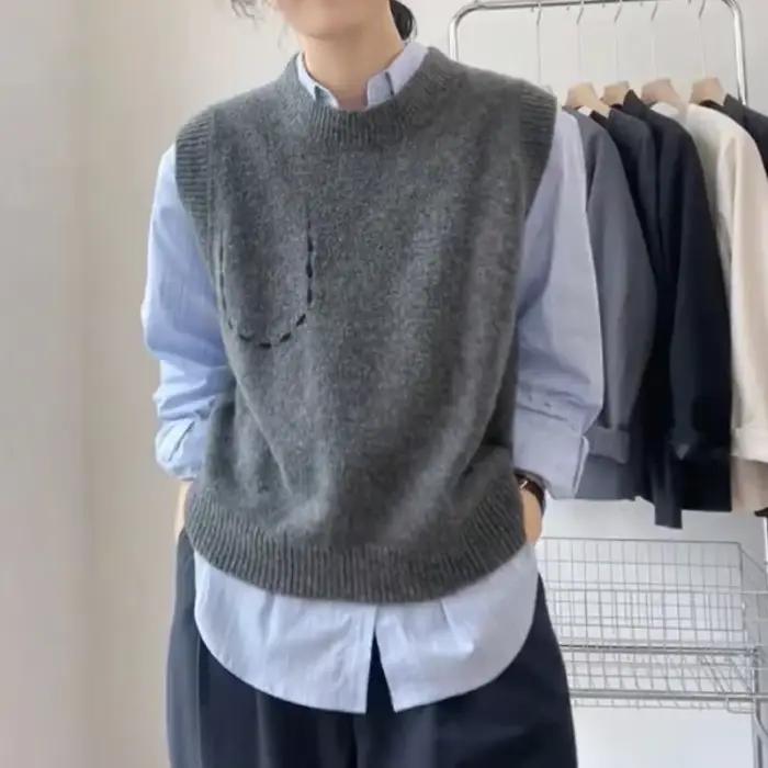 Solide col rond femmes tricoté gilet pull Style coréen vêtements tendance 2025
