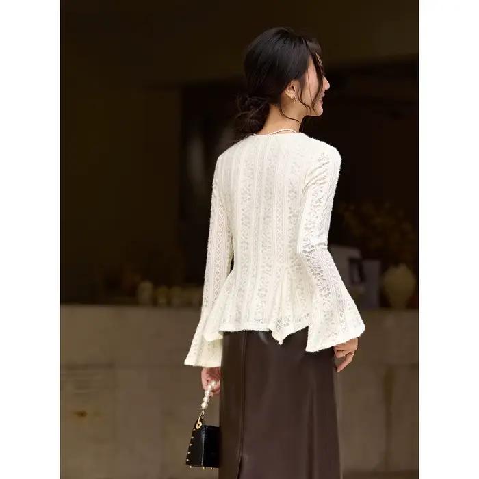 VIMLY Cardigan Élégant pour Femme Hiver 2026 Décontracté Uni Manches Cloche Col Rond Blouse en Dentelle Coupe Ajustée