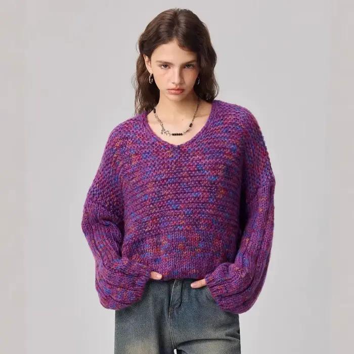 Nouvelle mode pull col en v à capuche couleur mixte pull tricoté