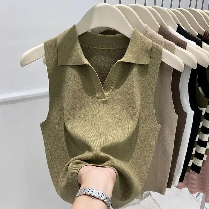 Gilet tricoté sans manches à col Polo pour femme