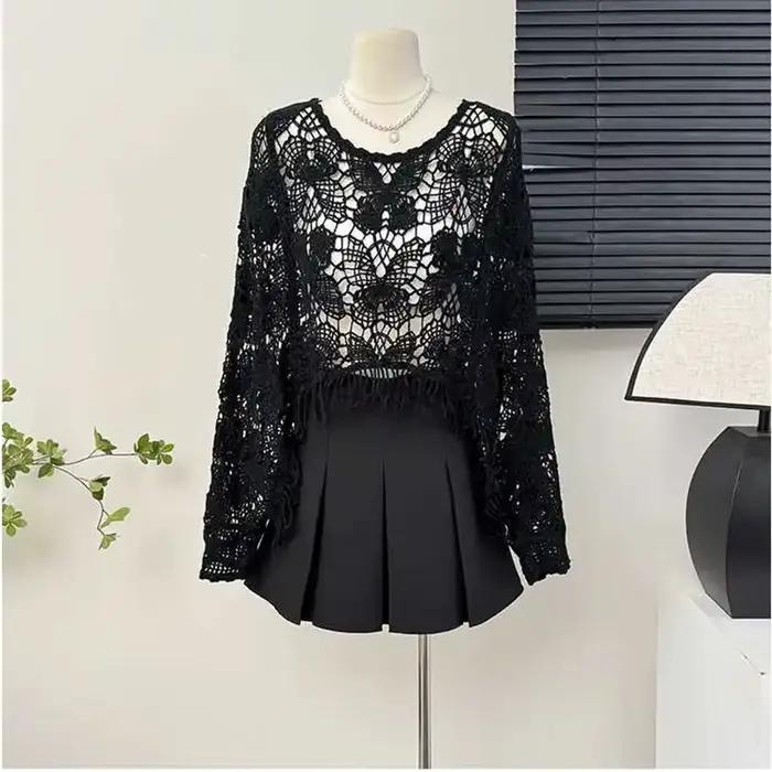 Poncho court en tricot à franges avec manches chauve-souris pour femmes