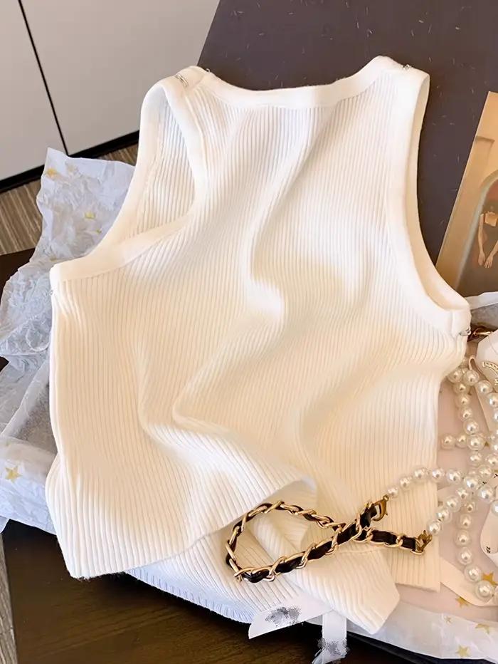 Gilet en tricot côtelé blanc avec décoration tridimensionnelle et strass pour femmes, haut court sans manches à col rond mode printemps été style décontracté