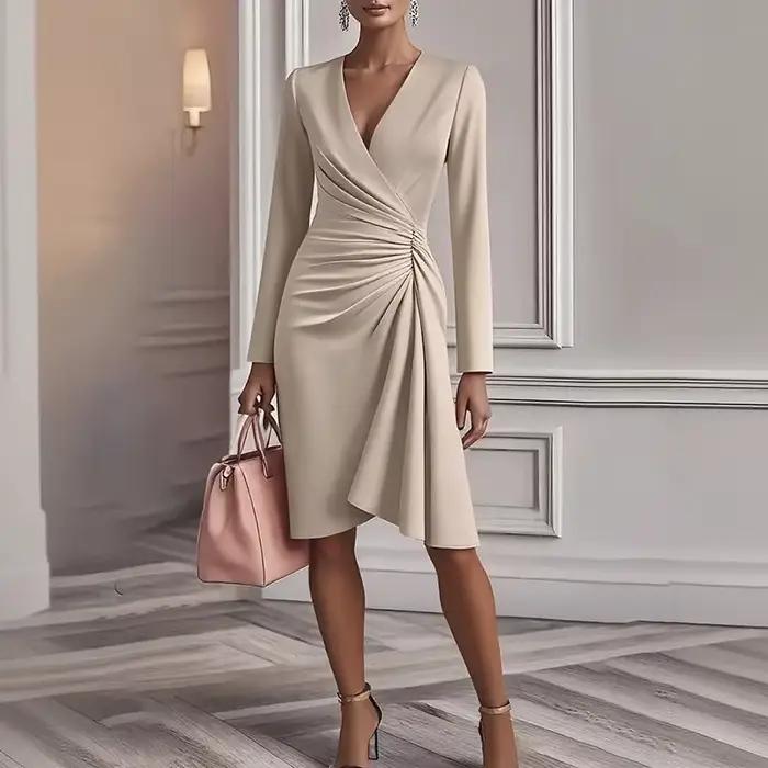 Robe mi-longue élégante à col en V pour femmes, mode, manches longues, taille haute, couleur unie, tenue de bureau, mode automne, robe de soirée