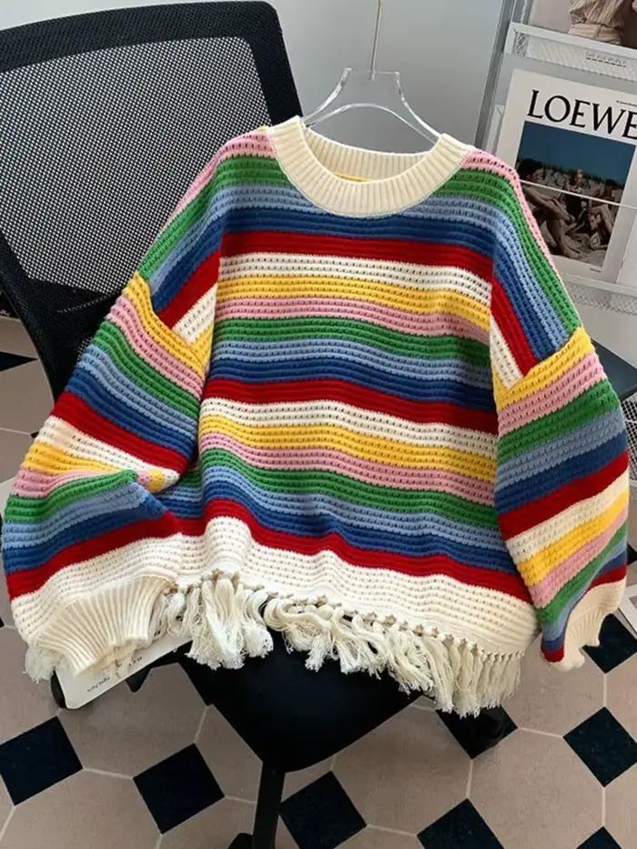 Doux gland chandails femmes Vintage mignon ample à manches longues tricoté pull décontracté rétro O cou dame évider pulls