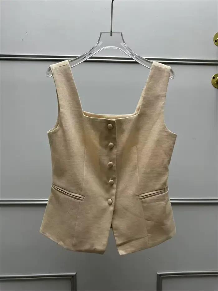 Gilet cintré en mélange de lin pour femme, col carré, sans manches, boutonné