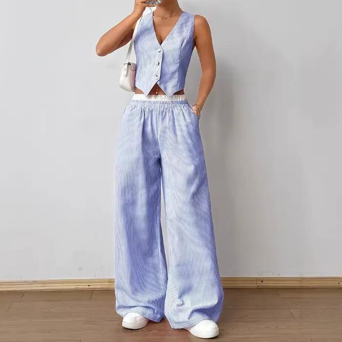 2025 nouveau élégant rayé sans manches col en v gilet taille contraste Co pantalon deux pièces ensemble été Woen ensembles mode costume haut