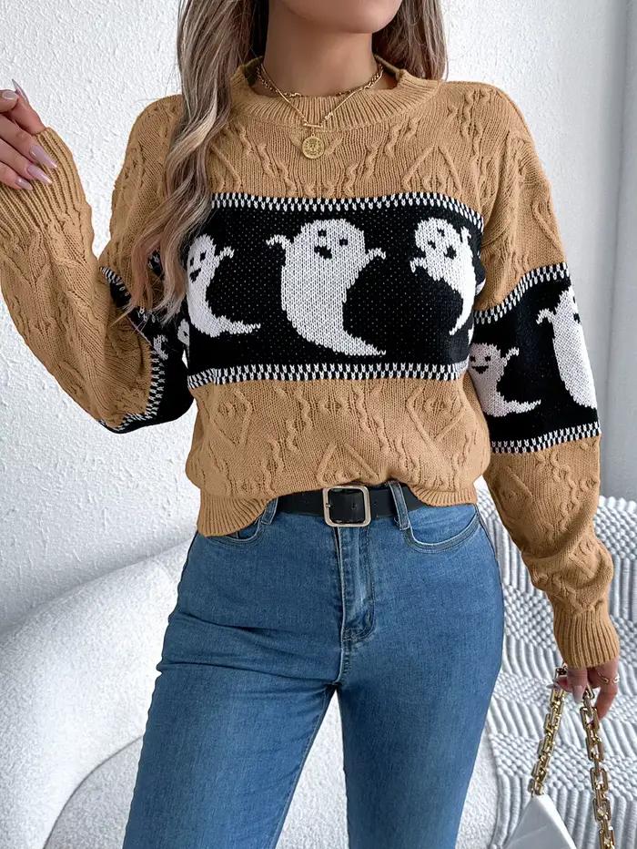 Pull tricoté décontracté à col rond et manches longues pour femme