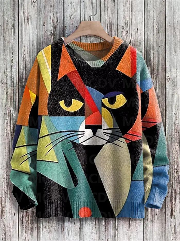 Pull en tricot imprimé multicolore pour hommes et femmes, pull décontracté, chat d'art abstrait