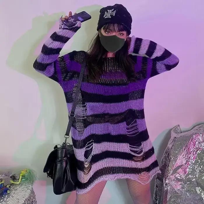 Nouveau violet rayé gothique chandails femmes déchiré trous lâche tricoté pull effiloché fée Grunge pulls Emo Streetwear Lolita