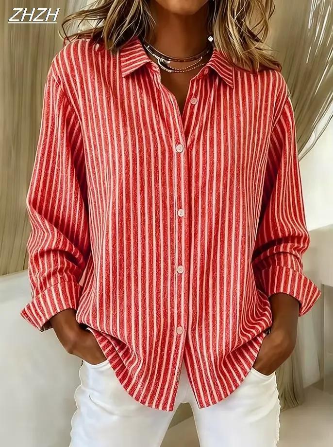 Chemise femme chemisier rayé Vintage élégant décontracté à manches longues col de chemise hauts réguliers boutons quotidiens imprimer printemps automne hiver
