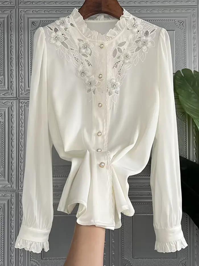 QOERLIN – chemisier de luxe en mousseline de soie pour femme, Chic, coréen, ajouré, élégant, col à volants, broderie florale