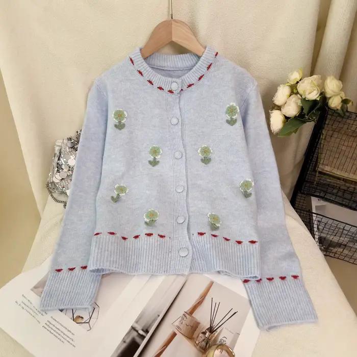 Cardigan tricoté à fleurs patchwork à col rond pour femme