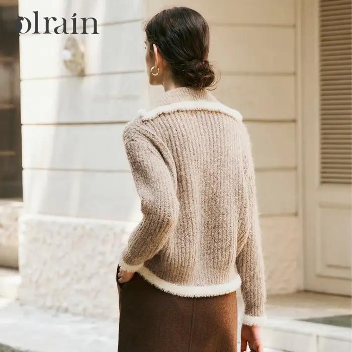 OLrain Cardigan Marron Style Français Femme 2026 Nouvelle Collection Automne Col Rabattu Manches Tombantes Tricot Zippé O56DM95269