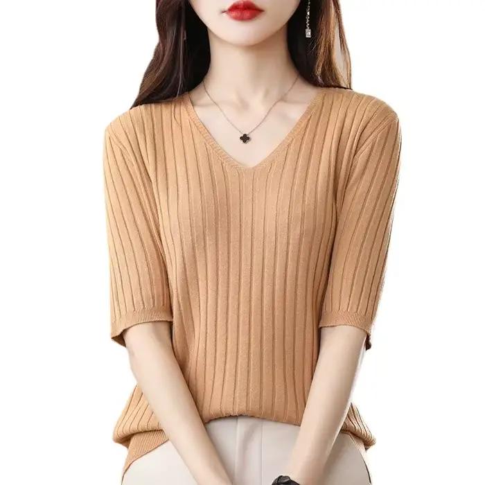 Pull tricoté en cachemire à manches courtes et col en v pour femme