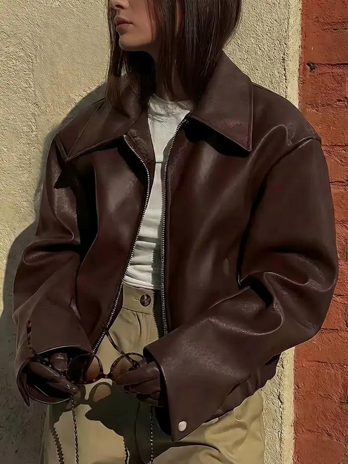 Veste zippée en simili cuir marron chocolat pour femme