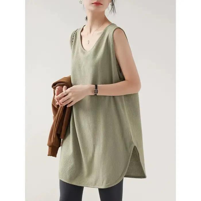 Gilet sans bretelles mi-long ample vert militaire à motif gaufré classique et polyvalent pour femme