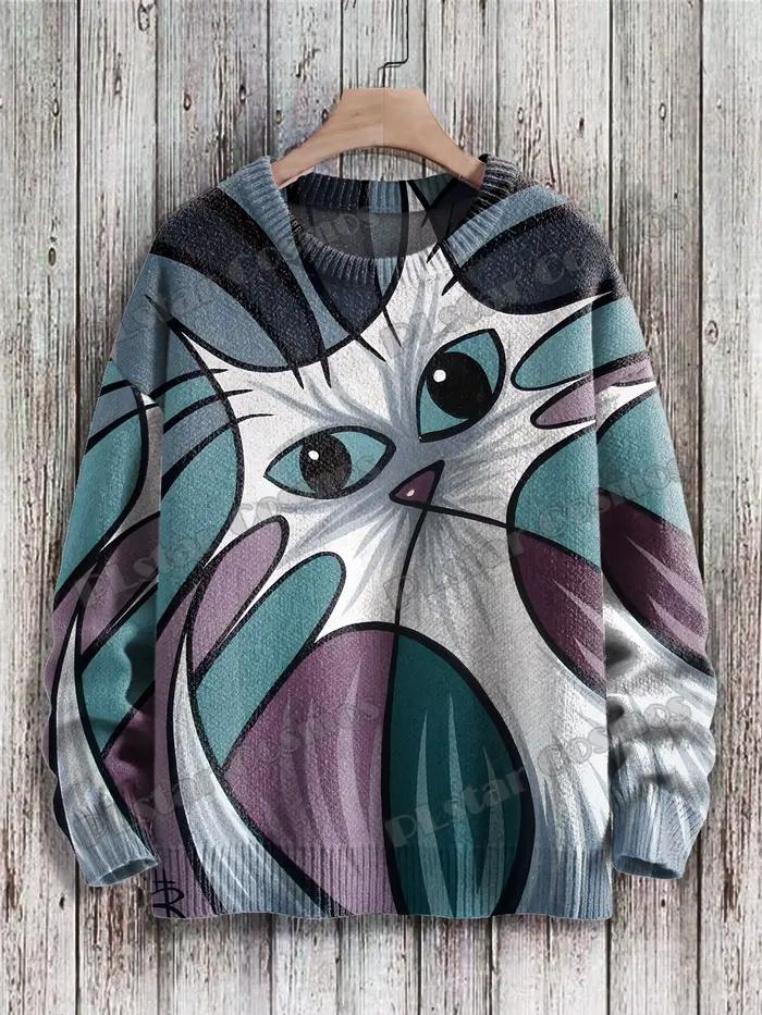 Pull en tricot multicolore pour hommes, motif de chat d'art géométrique abstrait, pull unisexe décontracté, impression 3D, hiver, ZZM101