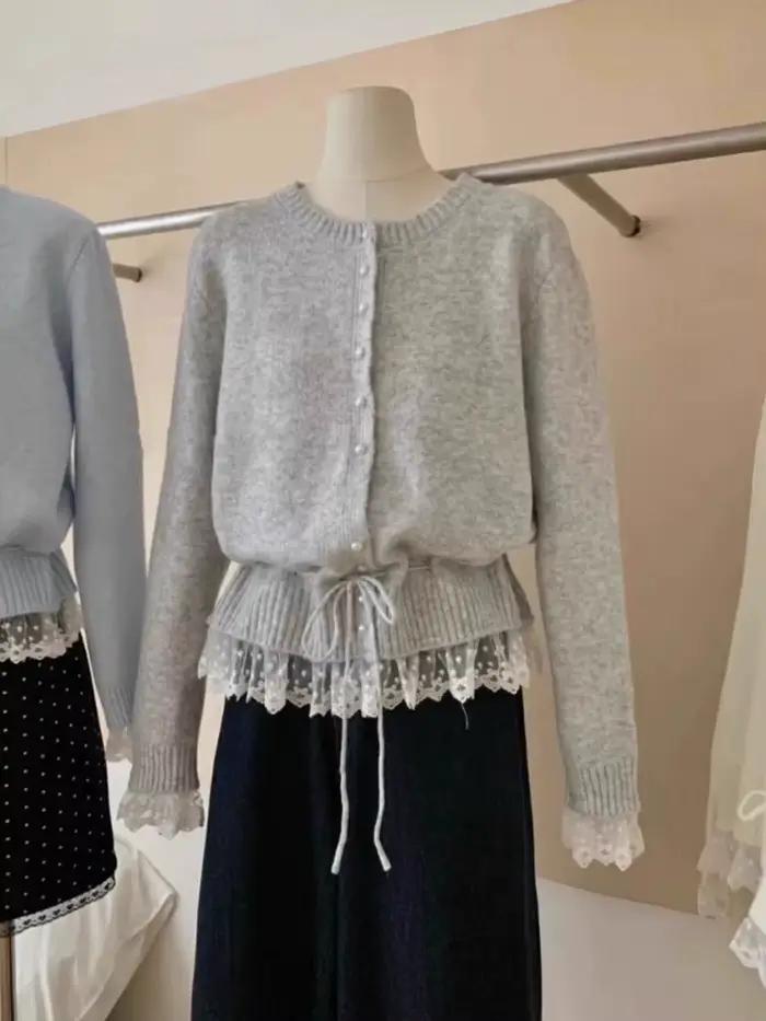 Pull tricoté femmes 2025 automne nouveauté perles boutons dentelle Patchwork chandails pulls Style coréen décontracté vêtements d'extérieur hauts