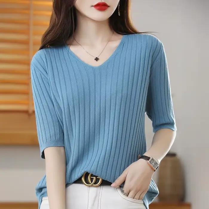 Pull tricoté en cachemire à manches courtes et col en v pour femme