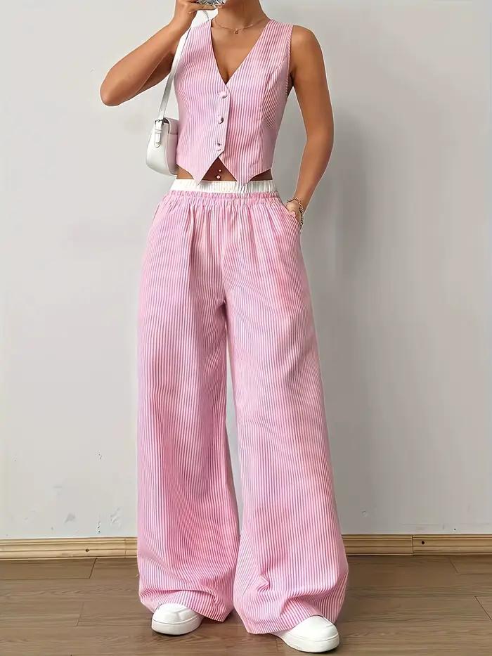 2025 nouveau élégant rayé sans manches col en v gilet + taille contraste couleur pantalon deux pièces ensemble été femmes ensembles mode costume haut