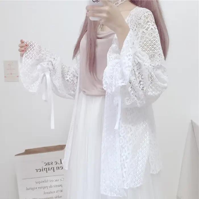 Cardigan en Dentelle Ajourée à Manches sulfLanterne pour Femme
