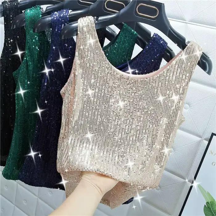 Gilet à paillettes scintillantes et col rond pour femmes