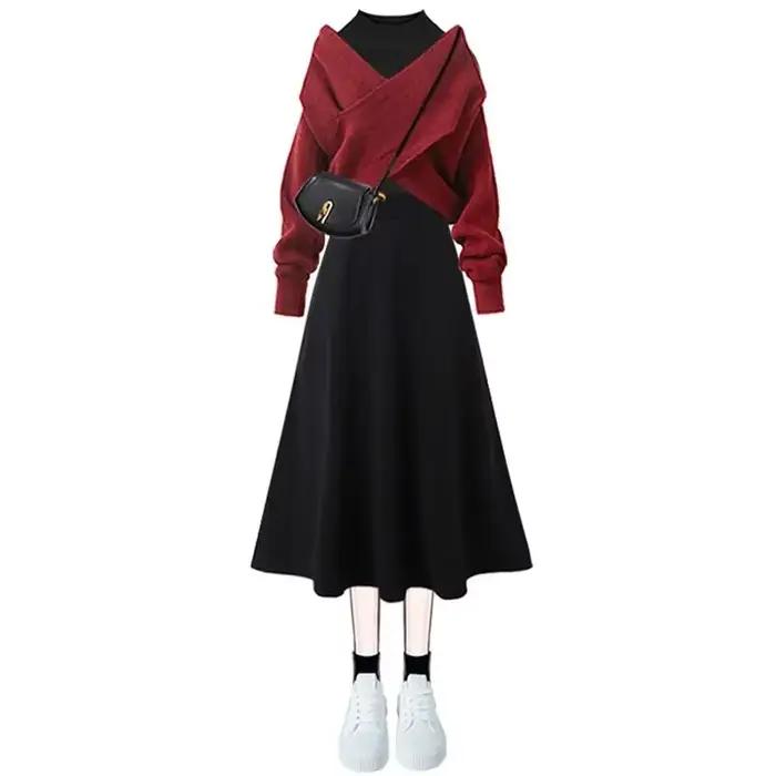 Femmes printemps automne nouveau Vintage tricot pull + chemise + sangle robe Midi 3 pièces costume 2025 coréen élégant