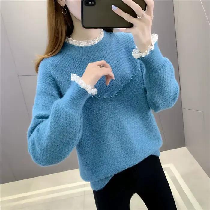Pull en patchwork de dentelle à manches longues pour femmes