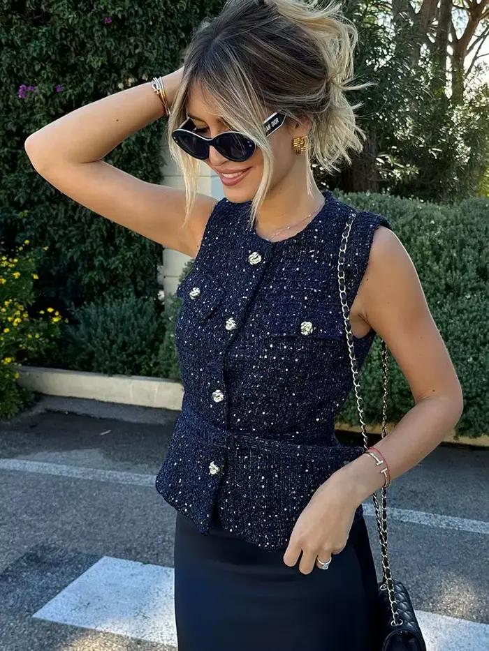 HH femmes élégant solide ceinture gilets hauts col rond bouton en métal sans manches gilet bureau vêtement d'extérieur