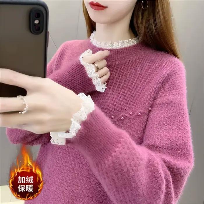 Pull en patchwork de dentelle à manches longues pour femmes