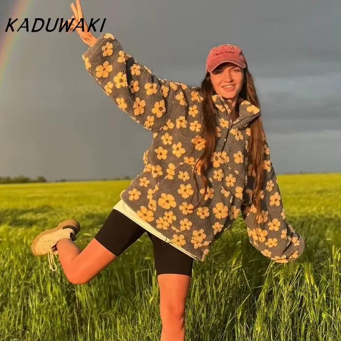 KADUWAKI rétro noël femmes mode polaire fleur fleurs chandails coton ample chaud fourrure col montant fermeture éclair hauts