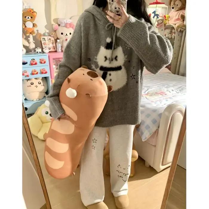 Kawaii gris femmes chandails Style Preppy doux japonais pulls à capuche Cutecore Harajuku surdimensionné