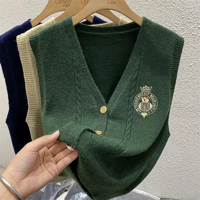 Gilet ample en polyester et coton avec ourson brodé pour femmes, col en V, coupe décontractée, automne et hiver