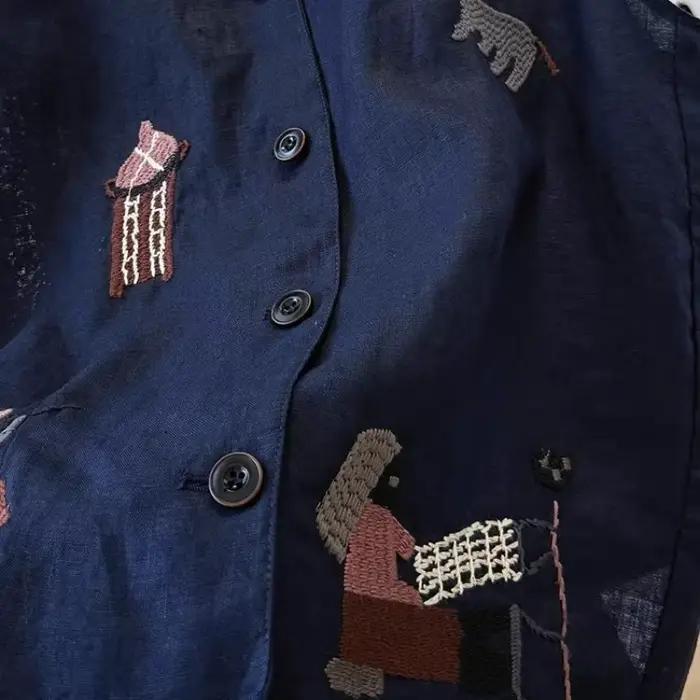 Gilet sans manches en lin brodé motif dessin animé vintage pour femme