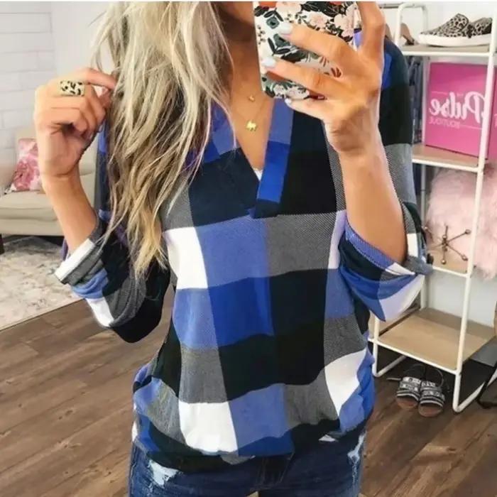 Printemps automne Vintage classique imprimé à carreaux col en v à manches longues pull décontracté chemise élégante mode chemisier ample vêtements féminins