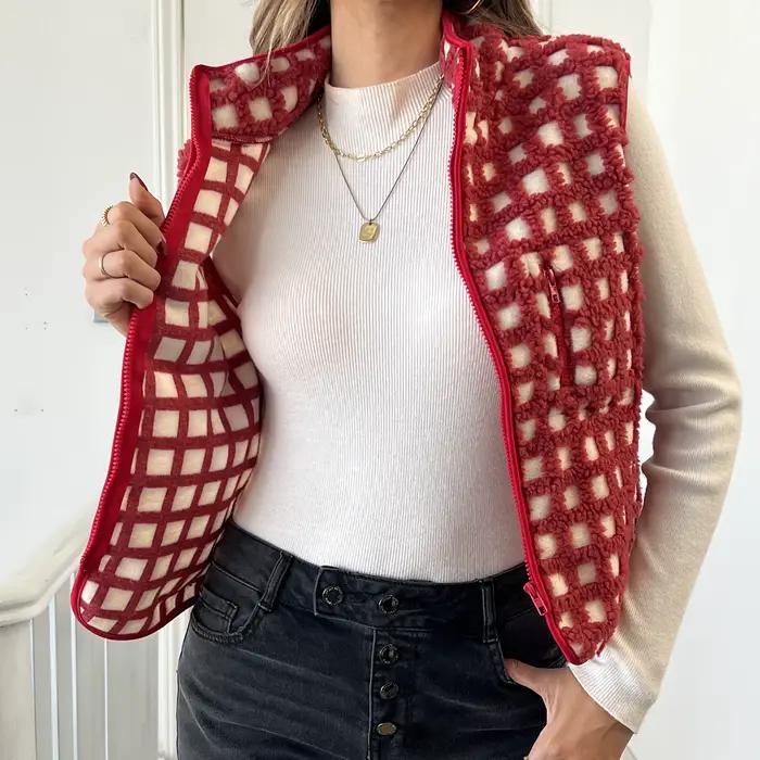 Hirigin Gilet polaire pour femme à carreaux sans manches avec fermeture éclair et cardigan chaud avec poche poitrine