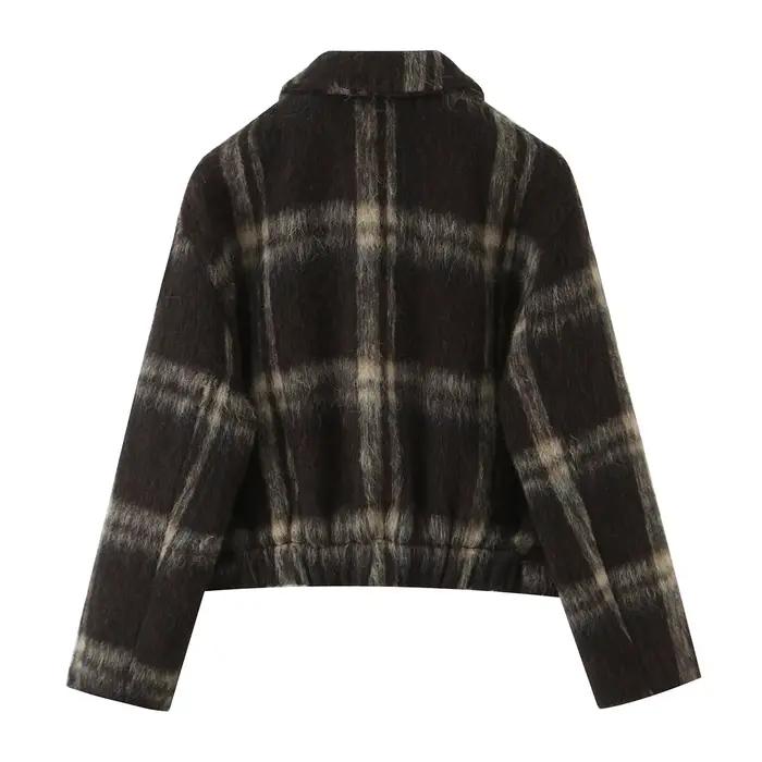 Manteau en peluche à carreaux marron pour femmes