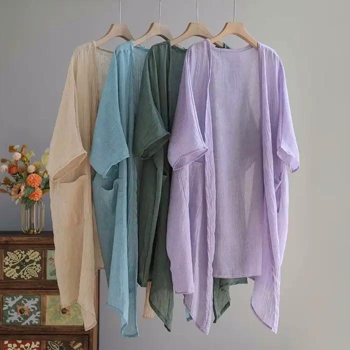 Cardigan en coton et lin pour femmes manteau à col en V