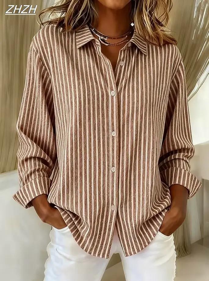 Chemise femme chemisier rayé Vintage élégant décontracté à manches longues col de chemise hauts réguliers boutons quotidiens imprimer printemps automne hiver