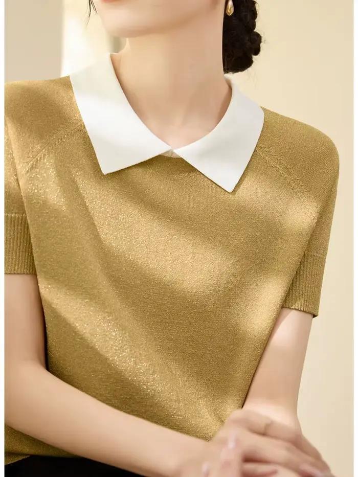 Pull en soie glacée à manches courtes pour femmes